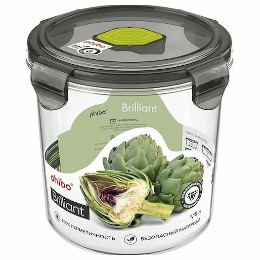 Контейнер для продуктов круглый 1,15 л. d=12,5 см. h=12 см. герметичный с клапаном «Бриллиант» /1/12/
