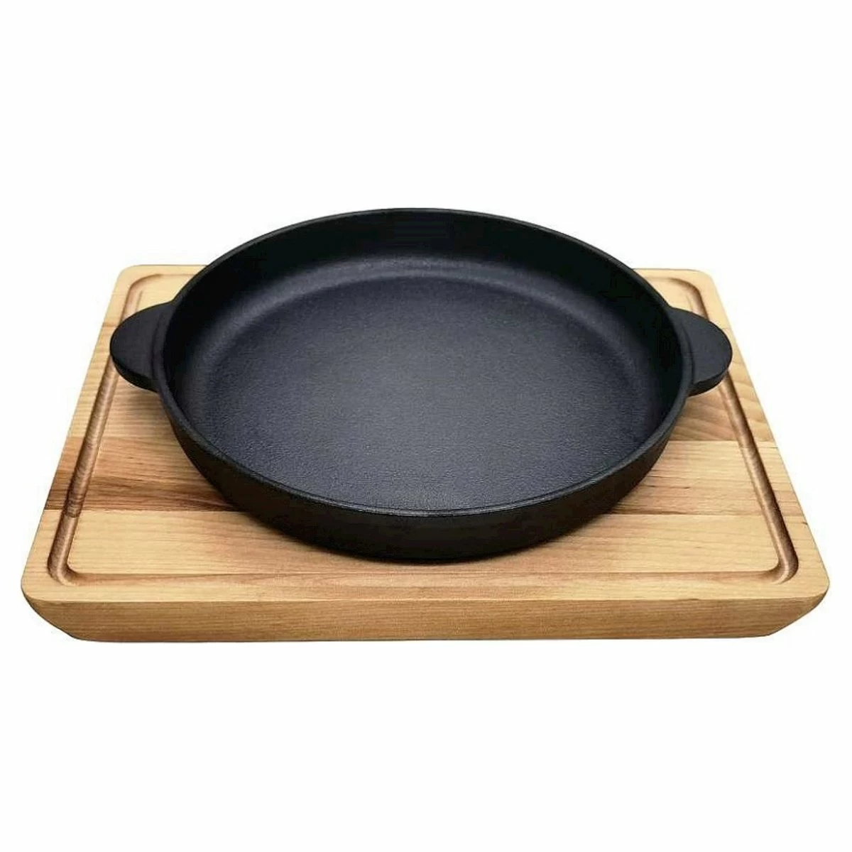 Сковорода порционная d=16 см. h=2,5 см. чугун. с 2 ручками на деревянной подставке /1/12/