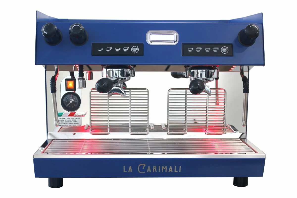 Кофемашина рожковая Carimali Nimble E2 2 группы, высокие, автомат, цвет корпуса синий с задней прозрачной панелью с подсветкой групп