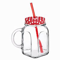 Банка для коктейля 450 мл. с красной крышкой и красной трубочкой, с ручкой Турция /1/12/