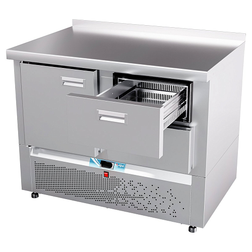 Стол холодильный среднетемпературный Abat СХС-70Н-01 (дверь, ящики 1/2) с бортом