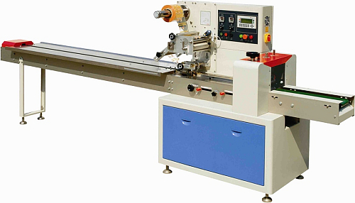 Горизонтальная упаковочная машина Hualian Machinery DXDZ-450XD (3 servo, лент. 200 мм, рег.форм., min bag L 130, H 100, трансп.попереч.запайки)