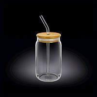 Банка для коктейля 330 мл. d=60 мм. h=130 мм. с деревянной крышкой, с трубочкой Термостекло Wilmax /1/48/