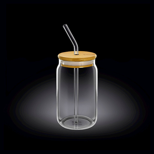 Банка для коктейля 330 мл. d=60 мм. h=130 мм. с деревянной крышкой, с трубочкой Термостекло Wilmax /1/48/