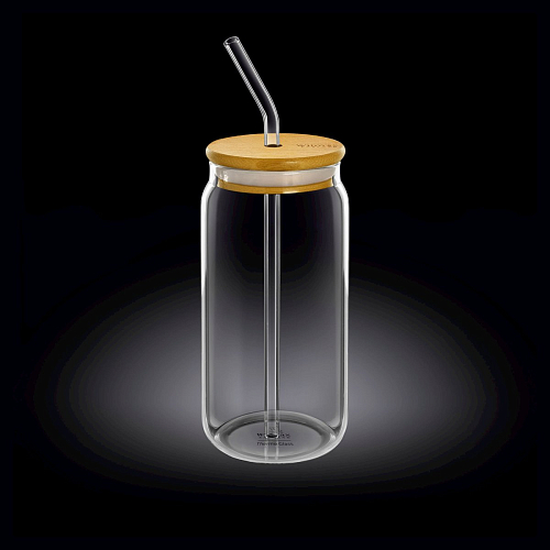 Банка для коктейля 500 мл. d=65 мм. h=160 мм с деревянной крышкой, с трубочкой Термостекло Wilmax /1/48/