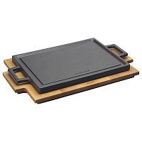 Сковорода-гриль 22*30 см. с 2-мя ручками, на дерев. подставке, чугун, черный "ECO" LAVA