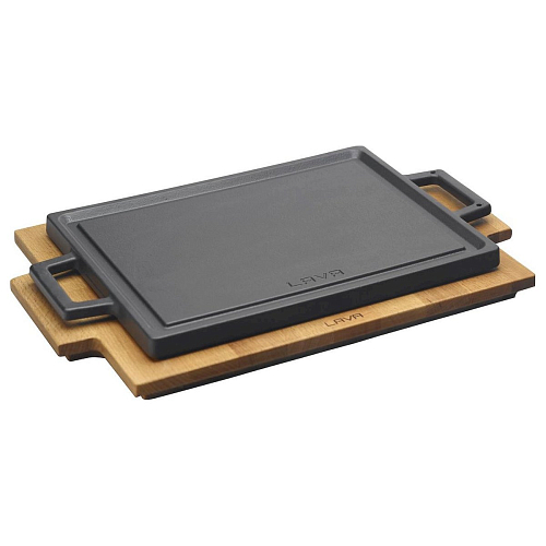 Сковорода-гриль 22*30 см. с 2-мя ручками, на дерев. подставке, чугун, черный "ECO" LAVA
