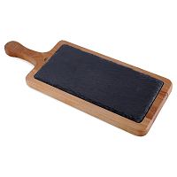 Блюдо для подачи прямоугольное 38*15 см. h=2 см. сланец, на деревянной подставке с ручкой MGprof /1/