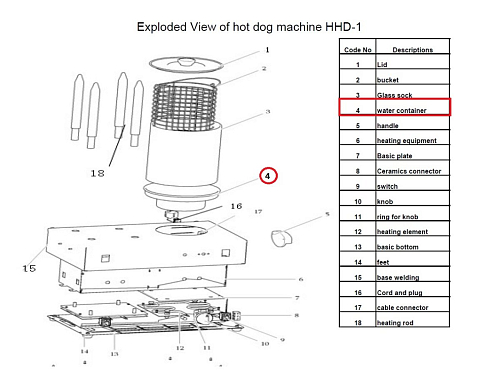 Контейнер для воды # 04 для аппарата для приготовления хот-догов т.м. EKSI серии HHD