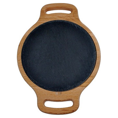 Блюдо для подачи круглое d=25 см. h=1,5 см. черное, сланец, на деревянной подставке с ручками /1/