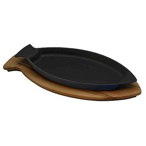 Сковорода порц. 24*15 см. чугун. овальная "рыбка" на дерев. подставке "ECO" LAVA