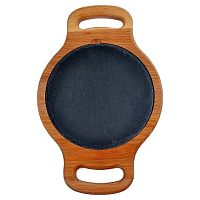 Блюдо для подачи круглое d=15 см. h=1,5 см. черное, сланец, на деревянной подставке с ручками /1/