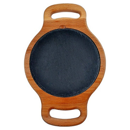 Блюдо для подачи круглое d=15 см. h=1,5 см. черное, сланец, на деревянной подставке с ручками /1/