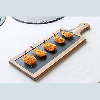 Блюдо для подачи прямоуг. 45*15 см. с ручкой, сланец, на деревянной подставке MG /1/