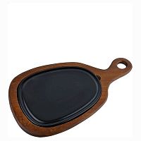 Блюдо для подачи 24,5*20,5 см. h=2,5 см. с ручкой на деревянной подставке, фарфор серия Черный Bonna /1/6/