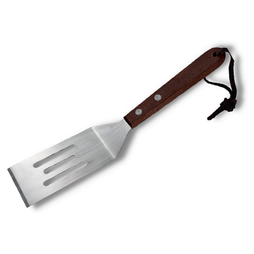 Лопатка 20,5 см. изогнутая рабочая часть 8*4 см. нерж. перфорированная узкая с деревянной ручкой MGsteel /1/6/