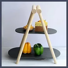 Этажерка 2-х ярусная 31*13,5/41*18,5 см. h=37 см. овальная с деревянной ножкой черная, сланец MGprof /1/