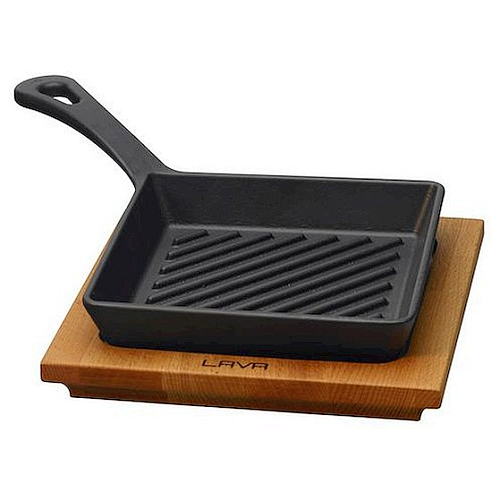 Сковорода-гриль порц. 16*16 см. на дерев. подставке, чугун, черная "ECO" LAVA /1/