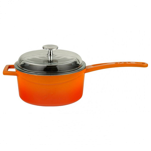 Сотейник 1,0 л. чугун d=16 см. оранжевая, крышка стекло LAVA