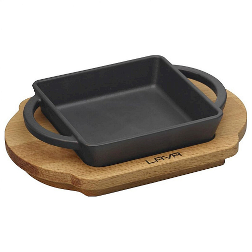 Сковорода-мини порционная 12*12 см. на деревянной подставке, чугун, черная LAVA /1/