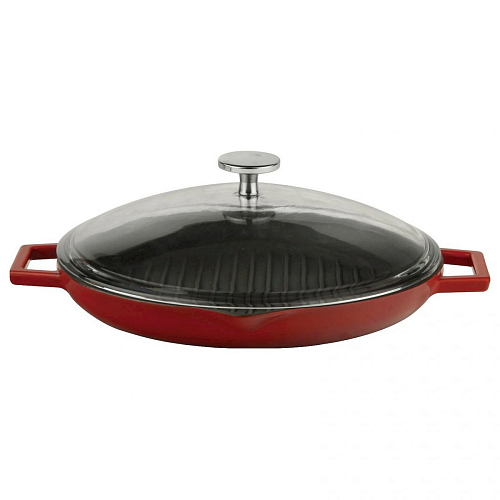 Сковорода-гриль d=30 см. чугун, красная, ручка металл, крышка стекло LAVA